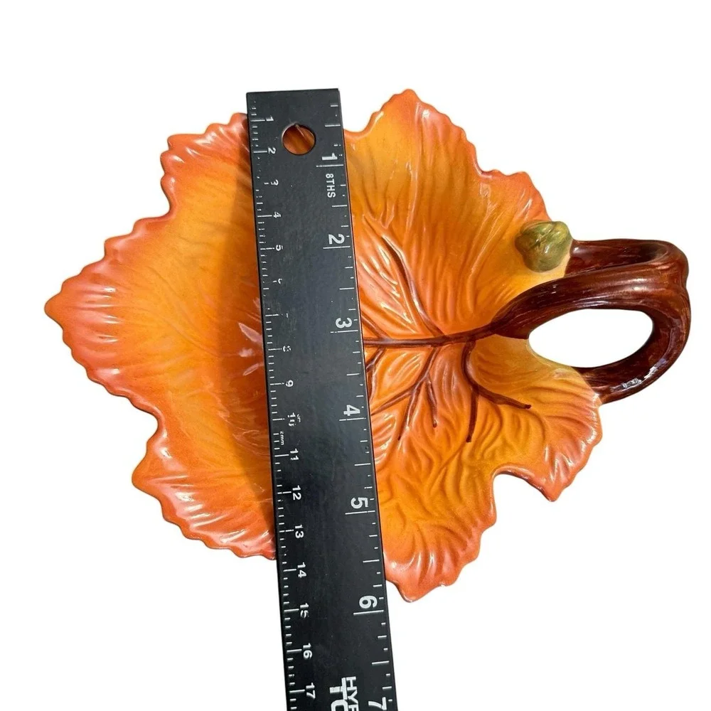 FIGI Autumn Leaf Handled Bowl Candy Nut Dish Fall Thanksgiving Orange Ceramic